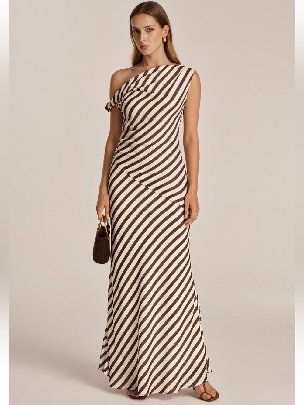 Commense Asymmetrical One-Shoulder Striped Maxi Skirt Set- Brown & Cream - Picture 6 of 7